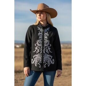 VTG! "Bob Mackie" Womens Black Fleece Embroid. Zip Up Jacket SZ 2X Fleece Warm